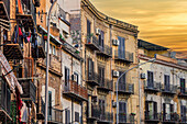 Traditional architecture of houses with iron balconies, wooden window shutters and decayed facades, Palermo, Sicily, Italy, Mediterranean, Europe