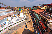 Aerial view of the houses and path around Buddha Stupa, Boudhha (Boudhanath), UNESCO World Heritage Site, Kathmandu Valley, Nepal, Asia