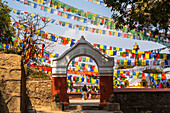 Stone arch gate leading to Kashyap Stupa with colorful Buddhist prayer flags, Kathmandu, Nepal, Asia