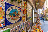 View of Sorrento souvenirs in narrow street, Sorrento, Campania, Italy, Mediterranean, Europe