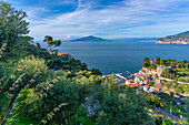 Panoramic view of Sorrento, Mount Vesuvius and Bay of Naples, Sorrento, Campania, Italy, Mediterranean, Europe