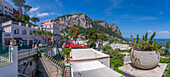 View of cafes and shops on Via Roma, Capri Town, Isle of Capri, Bay of Naples, Campania, Italy, Mediterranean, Europe