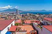 Elevated view of Naples and Mount Vesuvius in the background, Naples, Campania, Italy, Europe