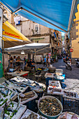 Blick auf Fischmarktbuden und Architektur in der Via Domenico Capitelli, Neapel, Kampanien, Italien, Europa