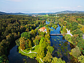 Aerial drone view of Otocec Castle, 13th to 17th century construction, Slovenia, Europe