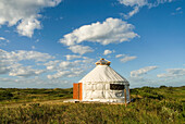 Yurt encampment, Vert et Mer, Ile du Havre aux Maisons, Magdalen Islands, Gulf of Saint Lawrence, Quebec province, Canada, North America