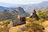 Tsakhats Kar Monastery with the Smbataberd fortress in the background, near Yeghegnadzor, Vayots Dzor province, Armenia, Eurasia