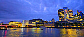 London skyline at dusk from Hays Galleria near London Bridge, London, England, United Kingdom, Europe