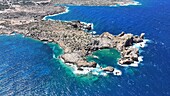 Aerial view of a small peninsula with lagoon near Elafonisi Beach, Crete, Greek Islands, Greece, Europe