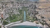 Aerial view of Preveli Beach and Preveli Gorge, Crete, Greek Islands, Greece, Europe