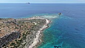 Aerial view of Balos Lagoon, Balos Beach and Cape Tigani, Gramvousa Peninsula, Chania Region, Crete, Greek Islands, Greece, Europe