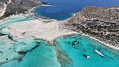 Aerial view of Balos Lagoon, Balos Beach and Cape Tigani, Gramvousa Peninsula, Chania Region, Crete, Greek Islands, Greece, Europe