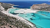 Aerial view of Balos Lagoon, Balos Beach and Cape Tigani, Gramvousa Peninsula, Chania Region, Crete, Greek Islands, Greece, Europe