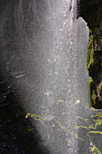 A waterfall backlit by the midday sun, in a gorge in Bossiney Haven, near Tintagel, Cornwall, England, United Kingdom, Europe