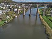 A view of the River Tamar at Calstock, with a railway viaduct crossing it, on the Devon-Cornwall border, Cornwall, England, United Kingdom, Europe