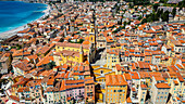 Luftaufnahme der Küstenstadt Menton, Alpes Maritimes, Provence-Alpes-Côte d'Azur, Côte d'Azur, Frankreich, Europa