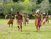 Sechs verschiedene Gruppen von Eingeborenenkriegern, Trommlern und Tänzern treten auf der Insel Kwato auf, Papua-Neuguinea, Pazifik