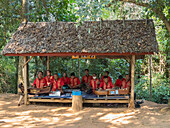 Überlebende der Roten Khmer spielen zusammen am Banteay Srei-Tempel in der Gegend von Angkor, Kambodscha, Indochina, Südostasien, Asien