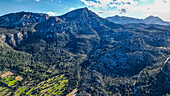 Aerial of the beautiful valley behind Pollenca, Mallorca, Balearic islands, Spain, Mediterranean, Europe