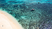 Aerial of a traditional Dhow on a white sand beach, Goa island near the Island of Mozambique, Mozambique, Africa