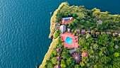 Aerial of a luxury hotel in Kigoma, Lake Tanganyika, Tanzania, East Africa, Africa