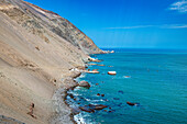 Coastline and recovery place of the Chinchorro Mummies, UNESCO World Heritage Site, Camarones Valley, northern Atacama desert, Chile, South America