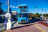 Old turquoise blue double decker tour bus, Marina of Ushuaia, Tierra del Fuego, Argentina, South America