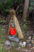 Kleiner Schrein mit Geldopfern entlang der alten Pilgerroute Kumano Kodo in der Nähe von Hongu, Honshu, Japan, Asien