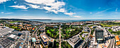 Aerial drone panoramic view of Parque dos Poetas, 25 hectare parkland with 60 statues in honour of 60 poets, Oeiras, Lisbon, Portugal, Europe