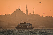 A boat in the Bosphorus and Suleymaniye Camii Mosque, Istanbul, Turkey, Europe