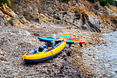 Kayak and paddles on a rocky beach, Sardinia, Italy, Mediterranean, Europe