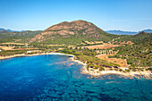 Aerial drone view of Ferrato Cape beach landscape, Sardinia, Italy, Mediterranean, Europe