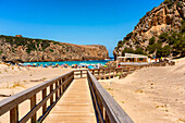 Boardwalk, Domestica Beach entrance between the cliffs with turquoise water on the coast of Sardinia, Italy, Mediterranean, Europe