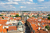 Lesser Town Bridge Tower and Charles Bridge as seen from St. Nicholas Bell Tower, UNESCO World Heritage Site, Prague, Bohemia, Czech Republic (Czechia), Europe