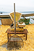 Fishing net and scale ready for fish harvest on Rozmberk Pond, UNESCO Biosphere, Trebon, Jindrichuv Hradec District, South Bohemian Region, Czech Republic (Czechia), Europe