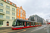 Modern tram of Prague public transportation, Karlin, Prague, Czech Republic (Czechia), Europe