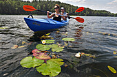 Kanufahrt zwischen den Nenufaren (Nymphaea) auf dem Asekas-See bei Ginuciai, Aukstaitija-Nationalpark, Litauen, Europa