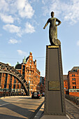 Brooksbruecke (Brooks Bridge) with statue of Hammonia, HafenCity district, Hamburg, Germany, Europe