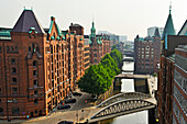 Aerial view over St. Annenfleet et Hollandischbrookfleet canal in the Speicherstadt (City of Warehouses), HafenCity district, Hamburg, Germany, Europe