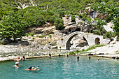 Ottoman Bridge and Hot Springs at the Langarice Canyon,  Vjosa (Vjose) River, Albania, Europe