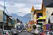 San Martin main street, downtown, Ushuaia, Tierra del Fuego, Patagonia, Argentina, South America