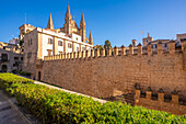 Blick auf die Kathedrale-BasA?lica de Santa MarA?a de Mallorca vom Seo-Garten aus, Palma de Mallorca, Mallorca, Balearen, Spanien, Mittelmeer, Europa