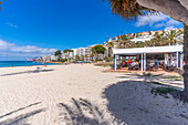 View of beach cafe and hotels in Santa Ponsa, Majorca, Balearic Islands, Spain, Mediterranean, Europe