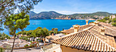 View of villlas overlooking bay at Camp de Mar, Camp de Mar, Majorca, Balearic Islands, Spain, Mediterranean, Europe