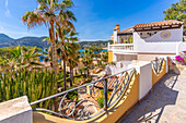 View of villlas overlooking bay at Camp de Mar, Camp de Mar, Majorca, Balearic Islands, Spain, Mediterranean, Europe