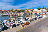 View of boats in the harbour at Cala Rajada, Majorca, Balearic Islands, Spain, Mediterranean, Europe