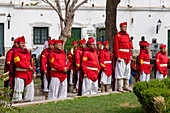 The band of the Infernales de Guemes, 5th Mountain Exploration Cavalry Regiment, play at a festival in Cachi, Argentina. Uniforms copy those worn by the original gaucho militia of General Guemes in 1815.