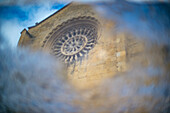 Artistic reflection of the 13th-century Rose Window of San Miguel Church in Cordoba, Andalusia, Spain, seen in a rain puddle.