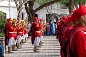 The band of the Infernales de Guemes, 5th Mountain Exploration Cavalry Regiment, play at a festival in Cachi, Argentina. Uniforms copy those worn by the original gaucho militia of General Guemes in 1815.