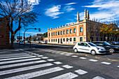 View of the former Aduana building, now Agencia Tributaria, located in the bustling port of Sevilla, Spain.